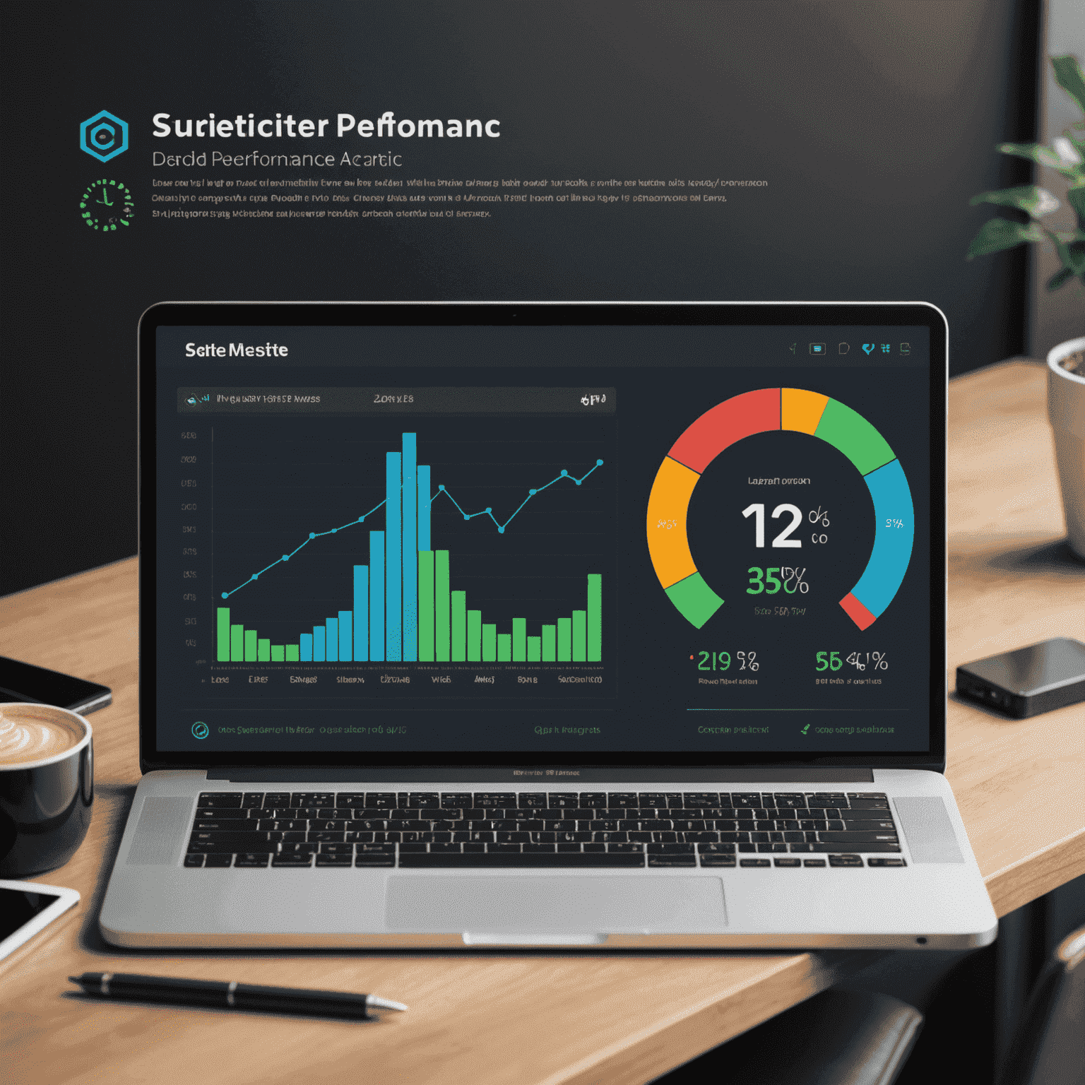 Imagen que muestra un gráfico de rendimiento de un sitio web, con barras de progreso y símbolos que representan la velocidad de carga, optimización de imágenes y rendimiento general del sitio.